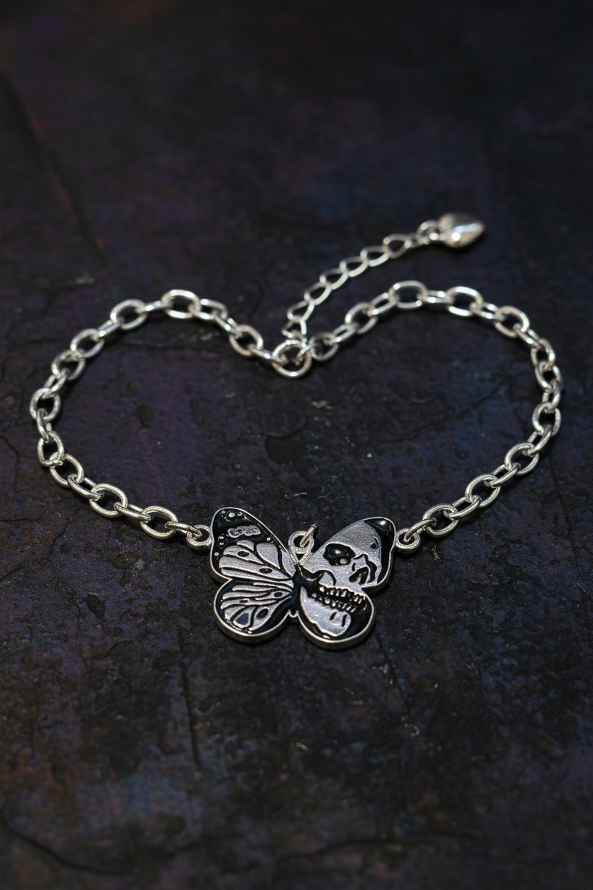 Bracelet - Silver Tone - Gothic Style - Butterfly - Skull - Adjustable