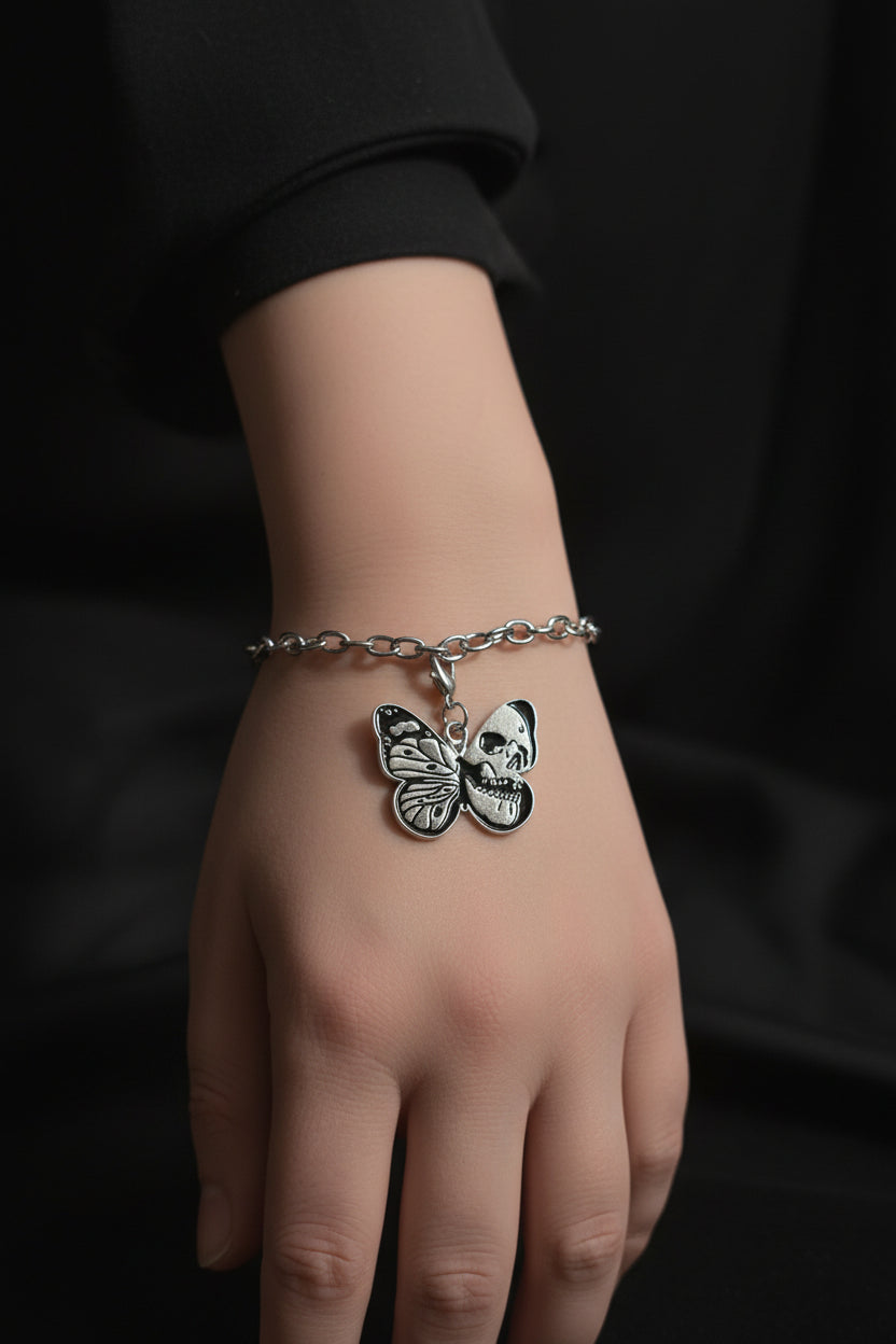 Bracelet - Silver Tone - Gothic Style - Butterfly - Skull - Adjustable