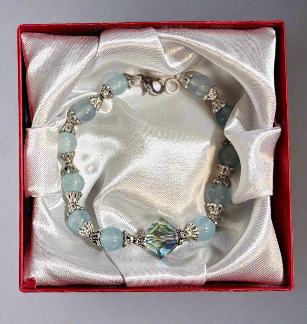 Handmade - Powder Blue Beaded Bracelet with a Center Faceted Blue Crystal