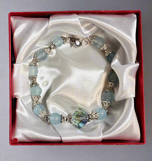 Handmade - Powder Blue Beaded Bracelet with a Center Faceted Blue Crystal
