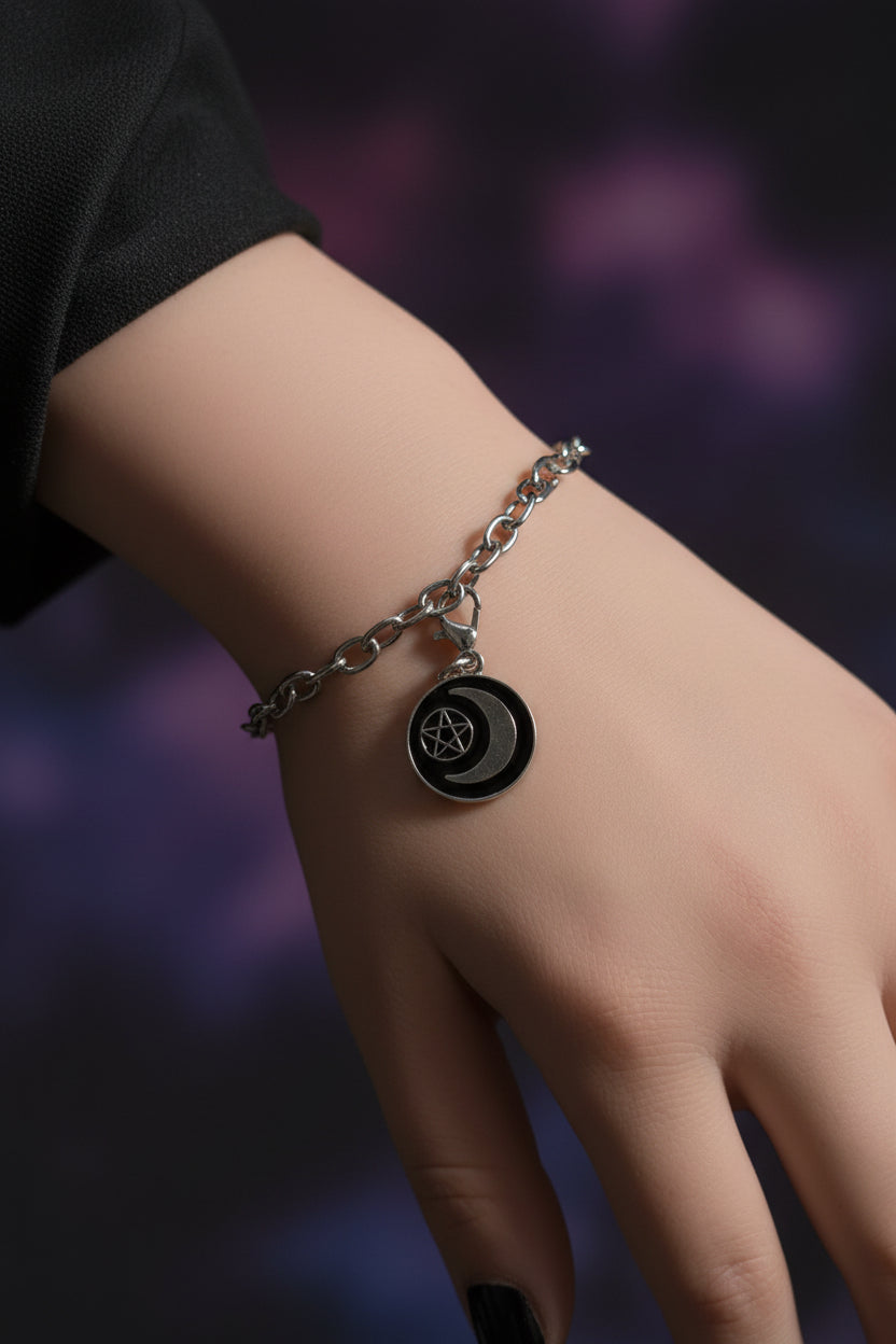 Bracelet - Silver Tone - Gothic Style - Striking Circular Crescent Moon - Adjustable