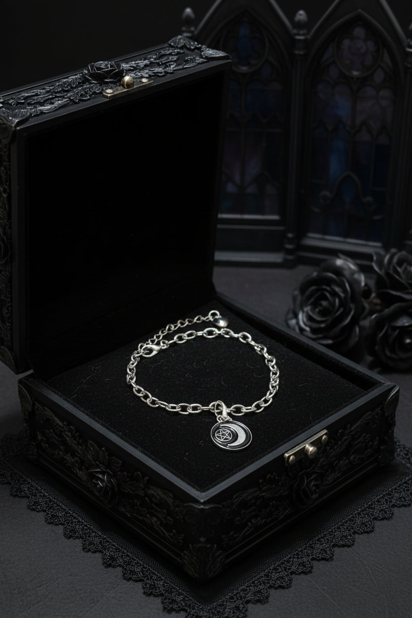 Bracelet - Silver Tone - Gothic Style - Striking Circular Crescent Moon - Adjustable