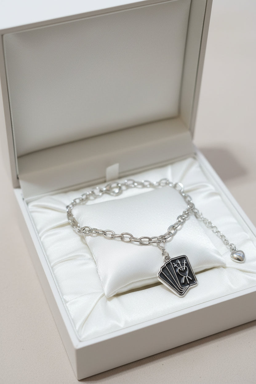 Bracelet - Silver Tone - Gothic Style -Black Enamel Tarot Cards - showcasing the Three of Swords Design- Adjustable
