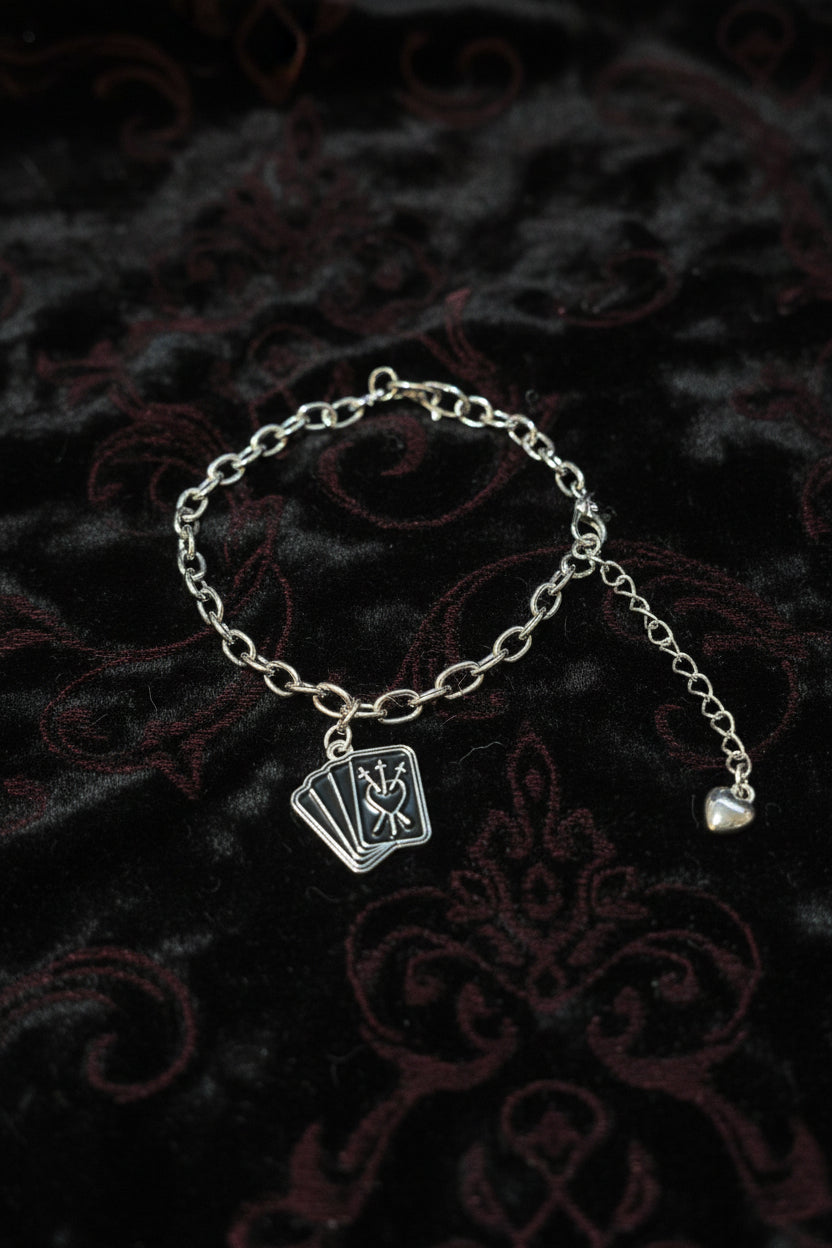 Bracelet - Silver Tone - Gothic Style -Black Enamel Tarot Cards - showcasing the Three of Swords Design- Adjustable