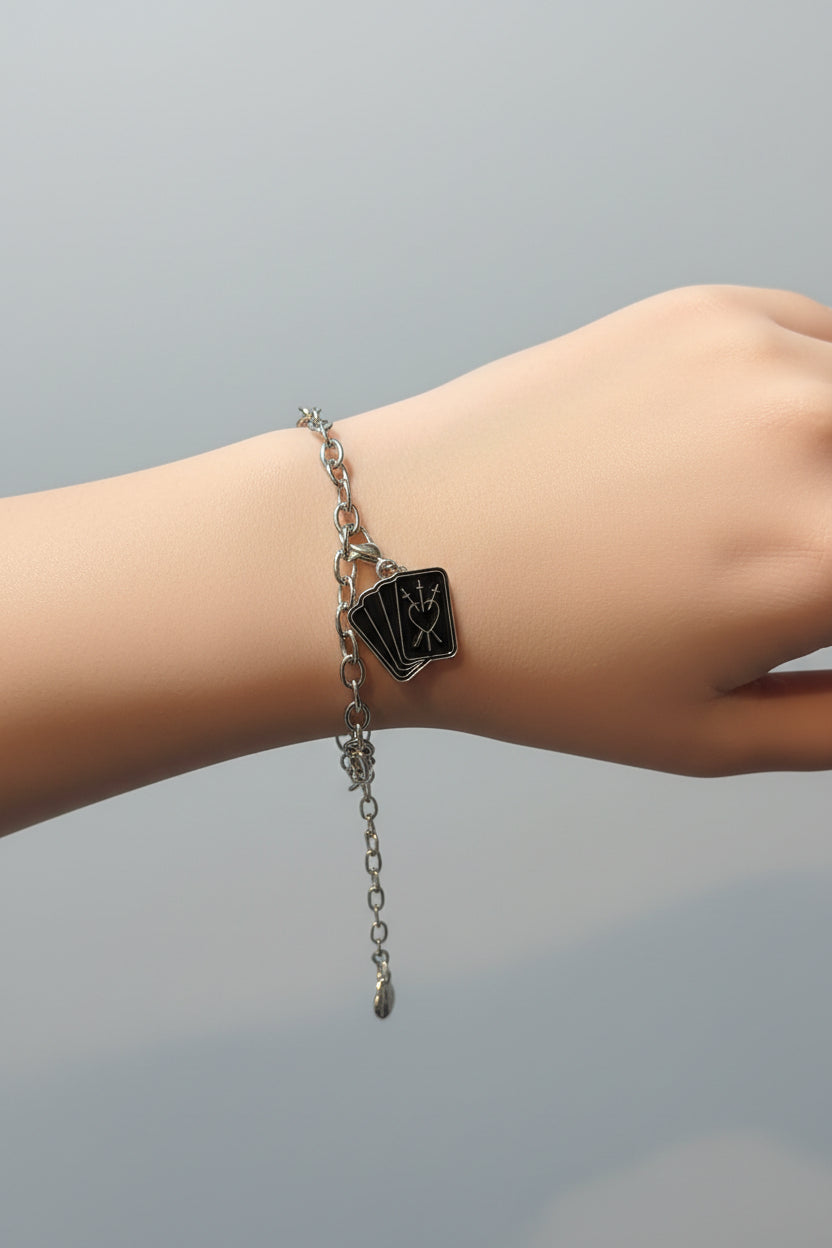 Bracelet - Silver Tone - Gothic Style -Black Enamel Tarot Cards - showcasing the Three of Swords Design- Adjustable