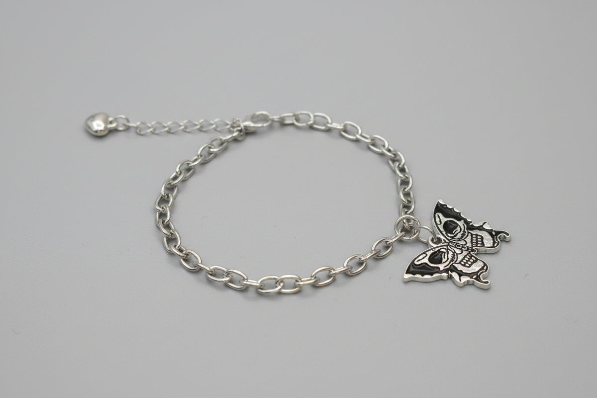 Bracelet - Silver Tone - Gothic Style - Butterfly - Skull - Adjustable