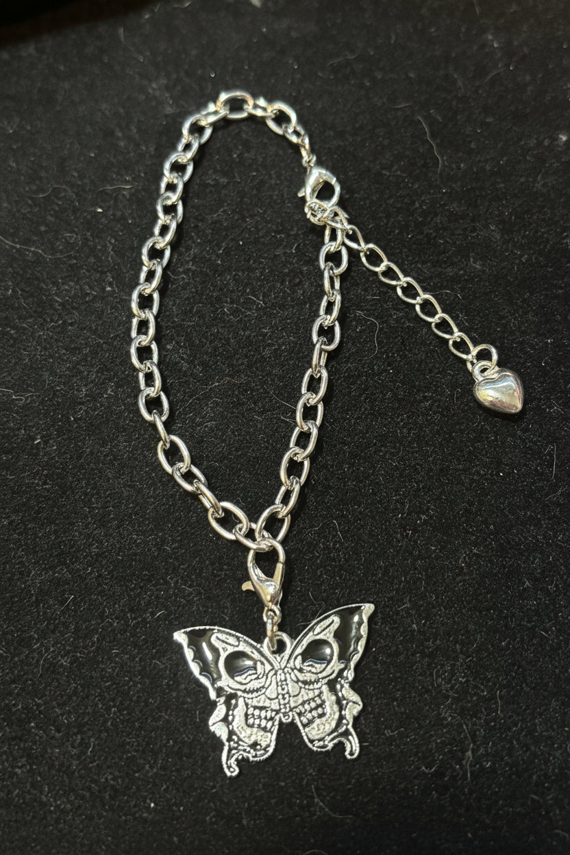 Bracelet - Silver Tone - Gothic Style - Butterfly - Skull - Adjustable