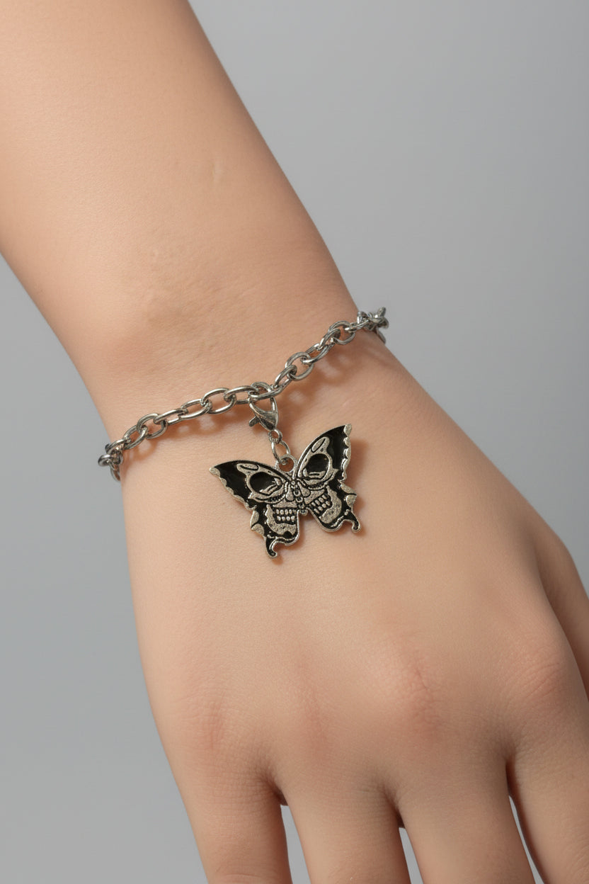 Bracelet - Silver Tone - Gothic Style - Butterfly - Skull - Adjustable