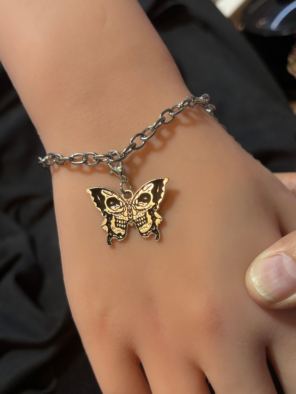 Bracelet - Silver Tone - Gothic Style - Butterfly - Skull - Adjustable