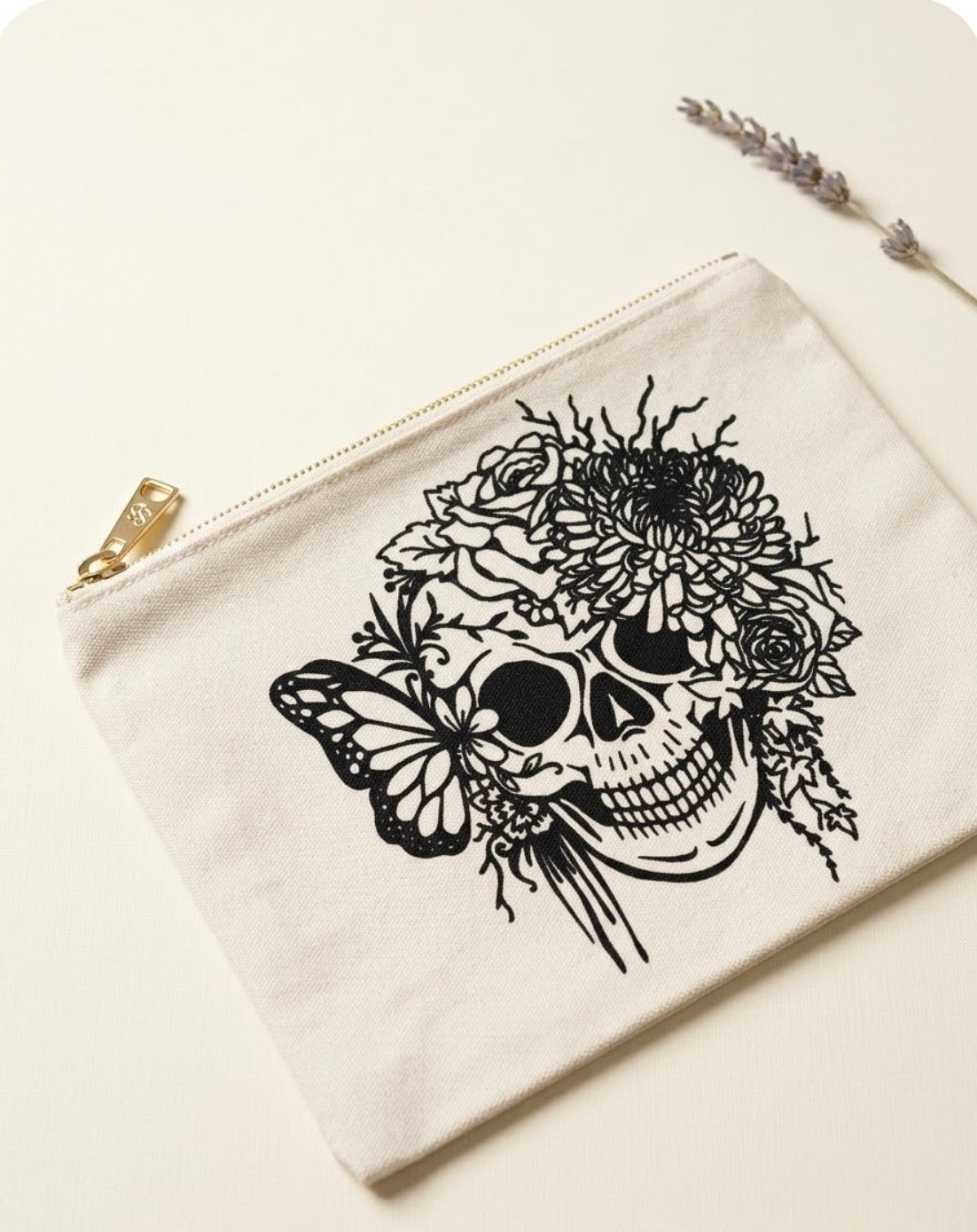 Cosmetic Bag - Floral Skull - Zippered Pouch