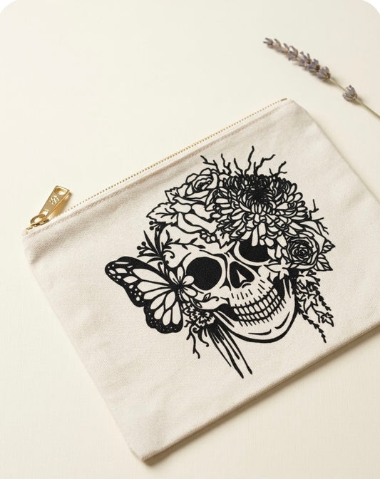 Cosmetic Bag - Floral Skull - Zippered Pouch