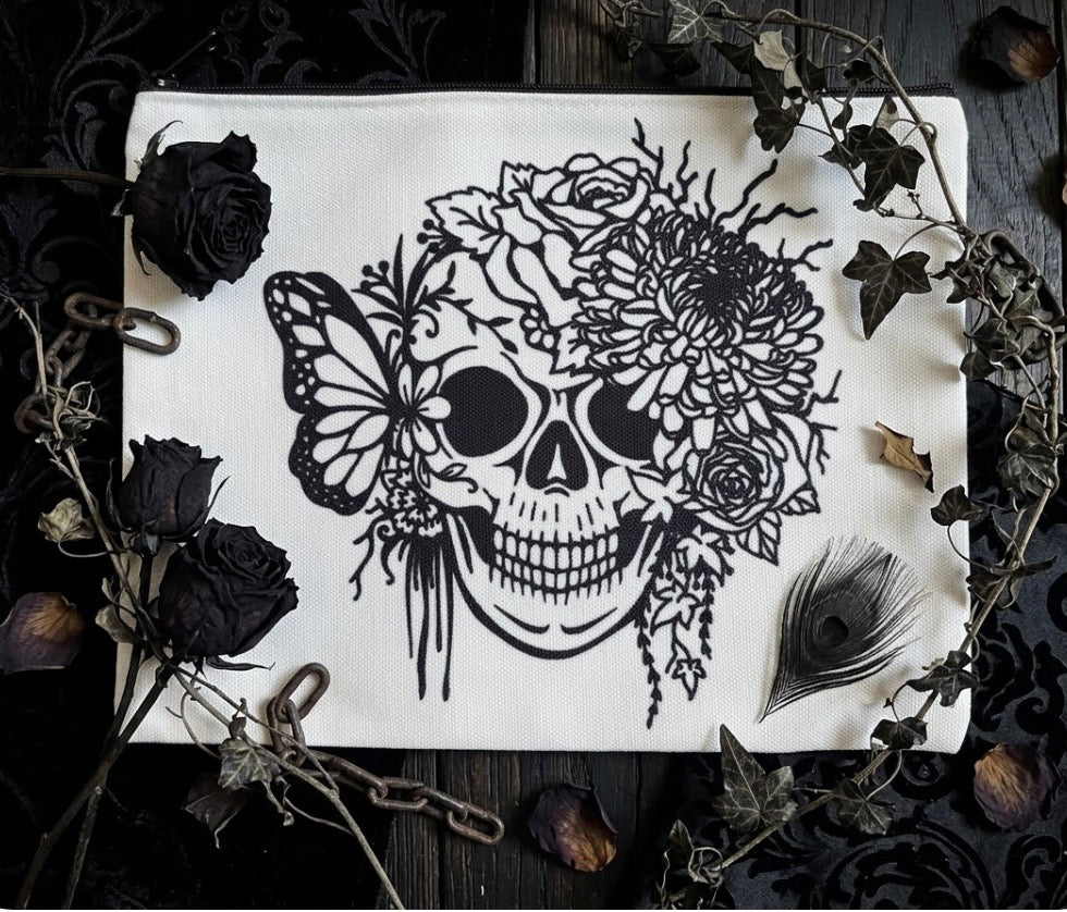 Cosmetic Bag - Floral Skull - Zippered Pouch