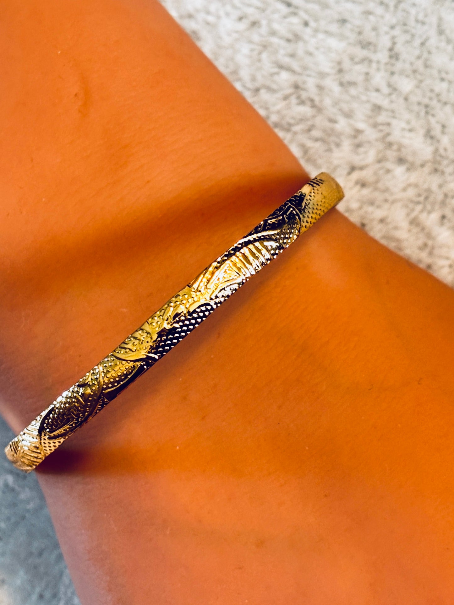 Embossed Designed Gold Plated Alloy Open Cuff Bracelet