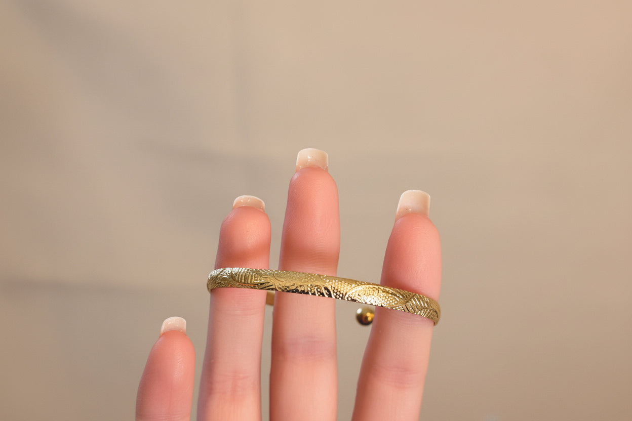 Embossed Designed Gold Plated Alloy Open Cuff Bracelet