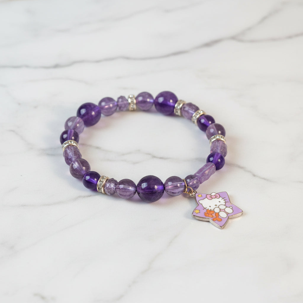Bracelet - Stretch Beaded - Hello Kitty Charm - Purple