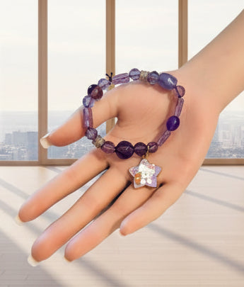 Bracelet - Stretch Beaded - Hello Kitty Charm - Purple