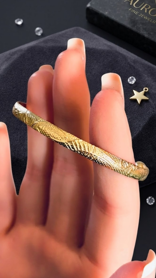 Embossed Designed Gold Plated Alloy Open Cuff Bracelet