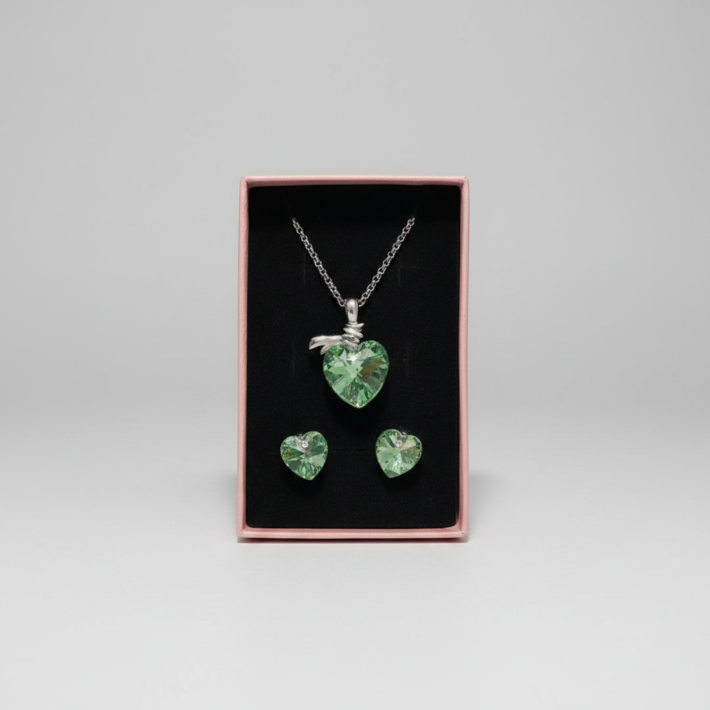 Green Crystal Heart Pendant Necklace and Earring Set