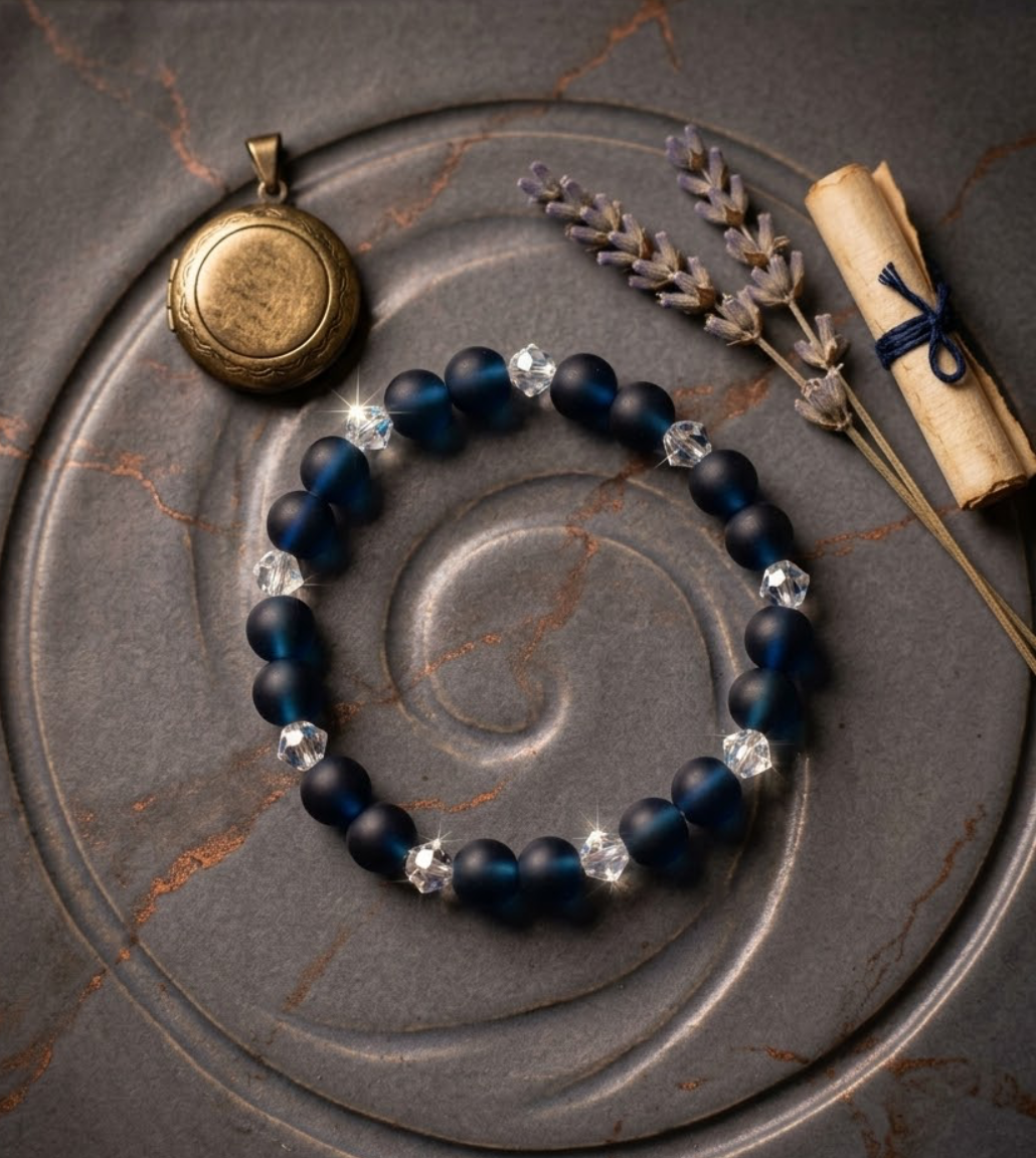 Handmade Stretch Matte Navy Blue & Clear Crystal Accent Beaded Bracelet