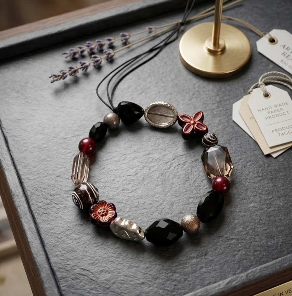 Handmade Stretch Beaded Bracelet "Shadow of the Shogun's Garden"