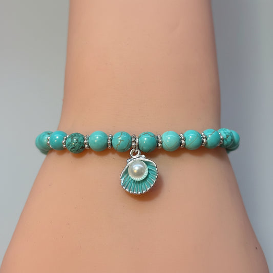 Bracelet - Turquoise Beads - Silver Spacers - and Seashell Charm with Faux Pearl