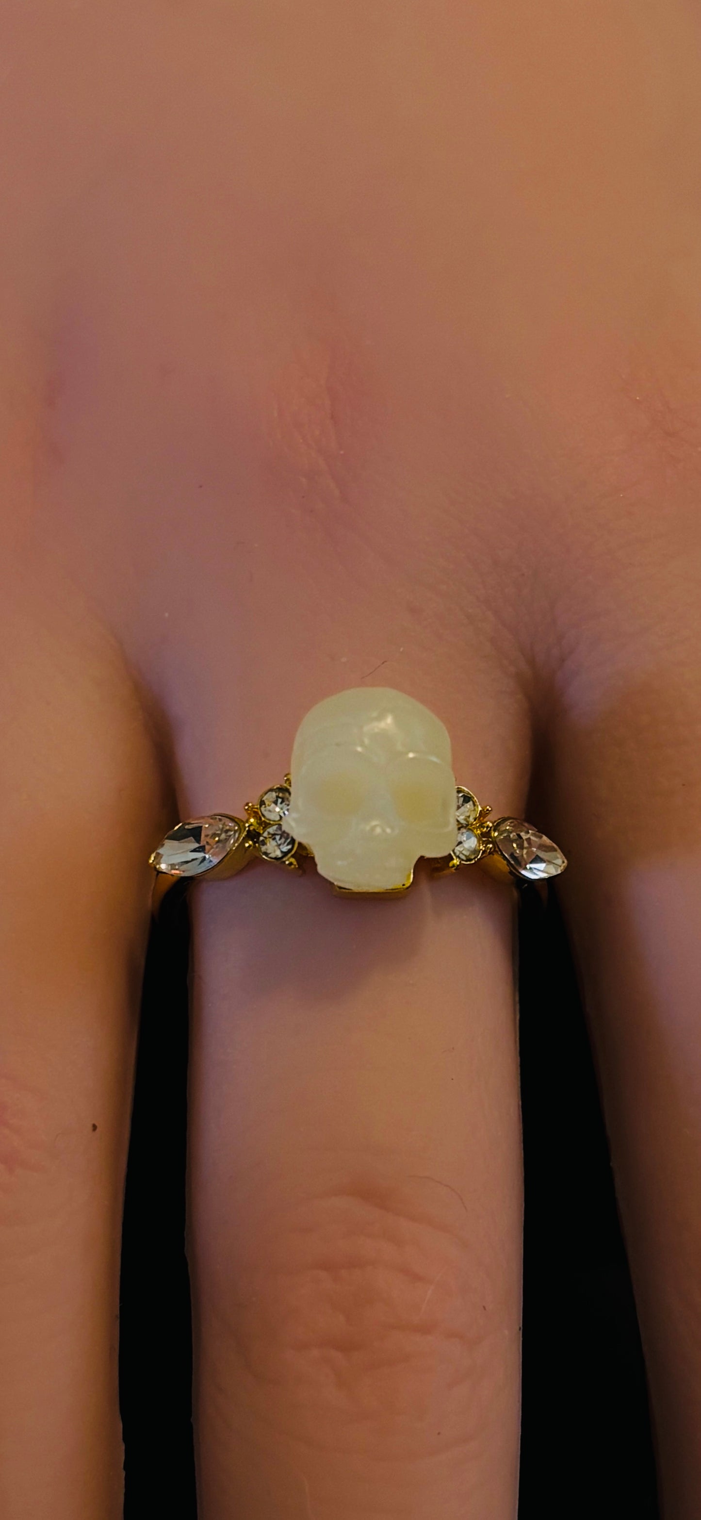 Ring - Faux Pearl Skull with Rhinestone Accents - Size 11