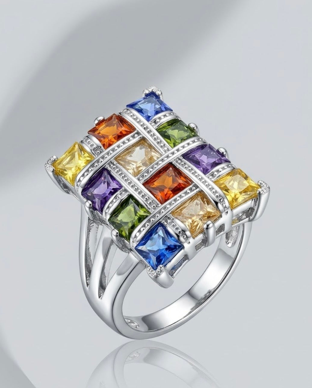 Ring - Rainbow Weave Princess Cut Multi Color Gemstone & White CZ - Size 8