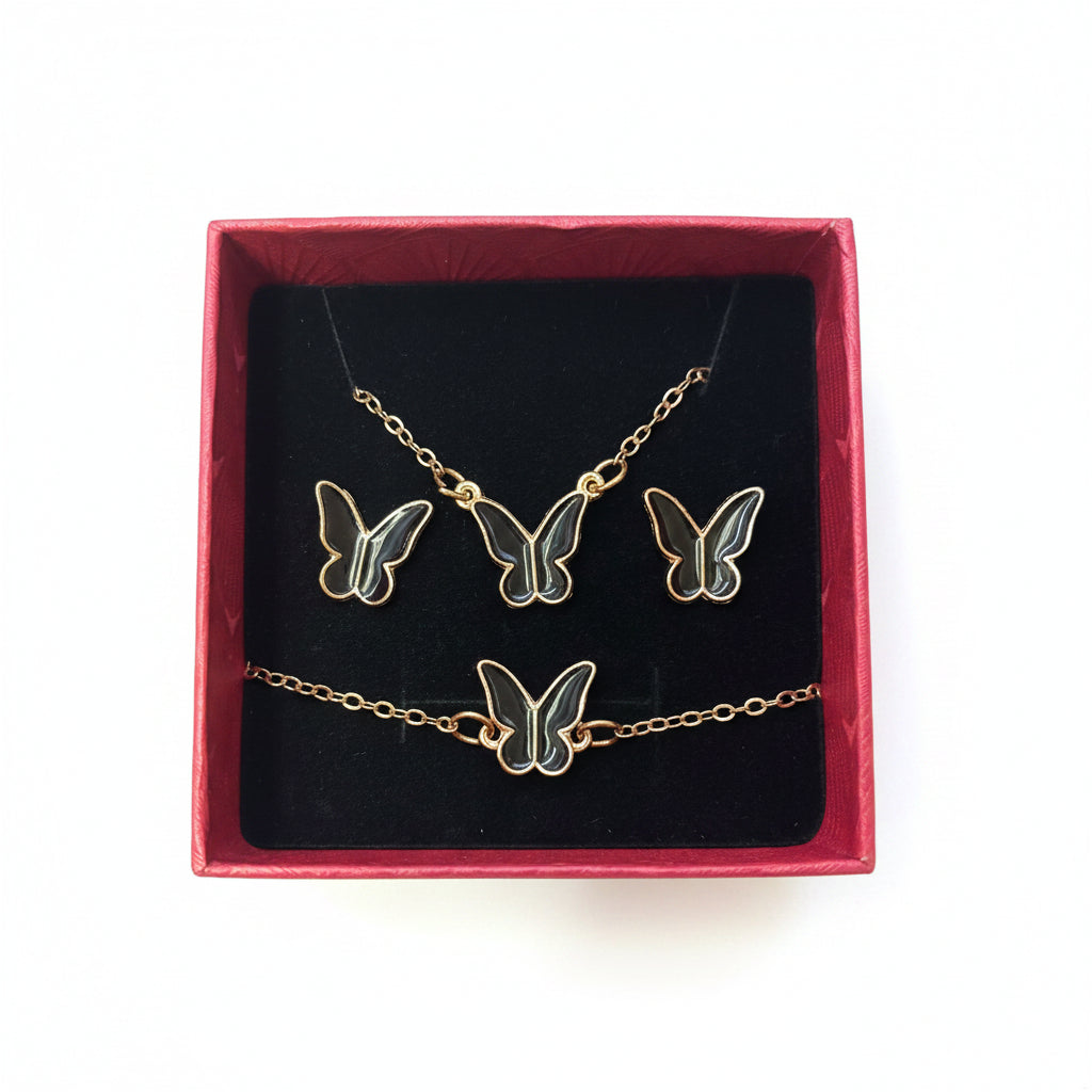 Jewelry Set -  Butterfly Necklace, Bracelet & Earrings - Available in Black or Red Enamel