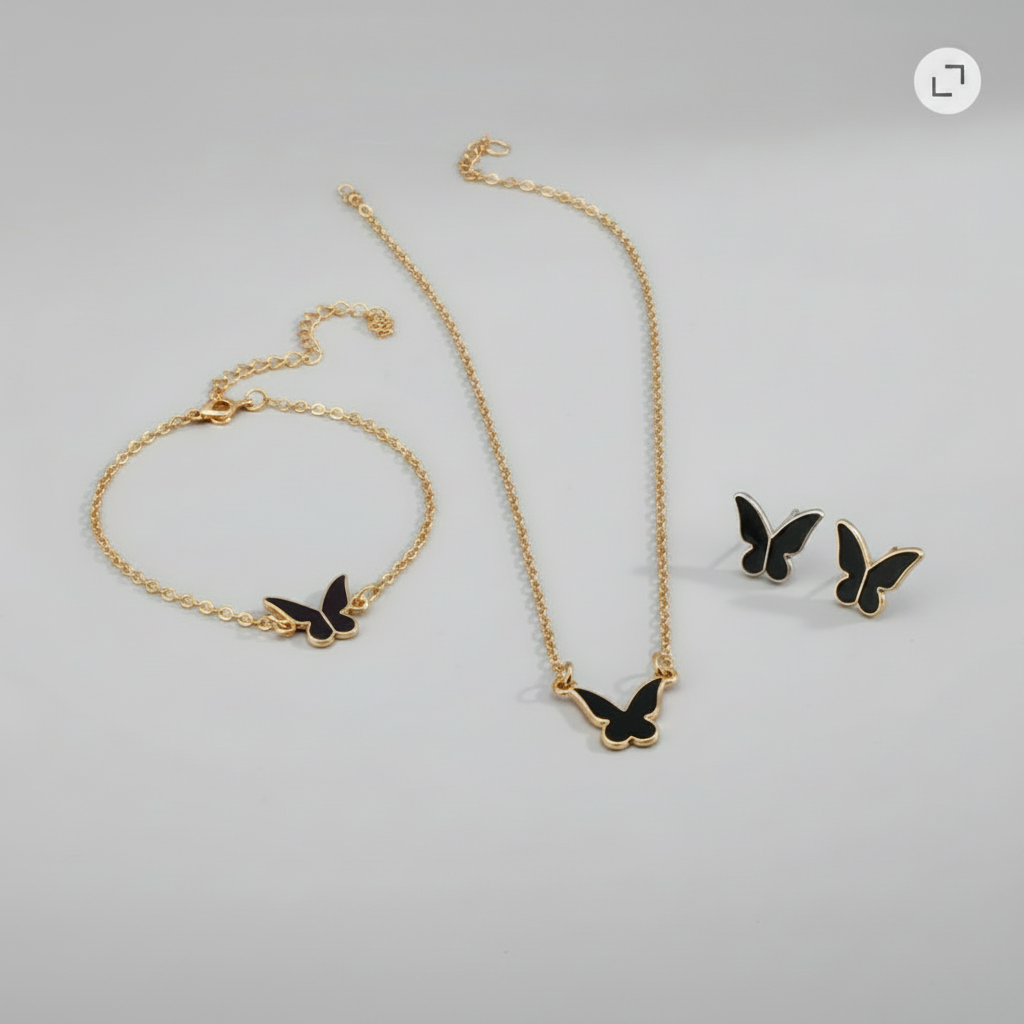 Jewelry Set -  Butterfly Necklace, Bracelet & Earrings - Available in Black or Red Enamel