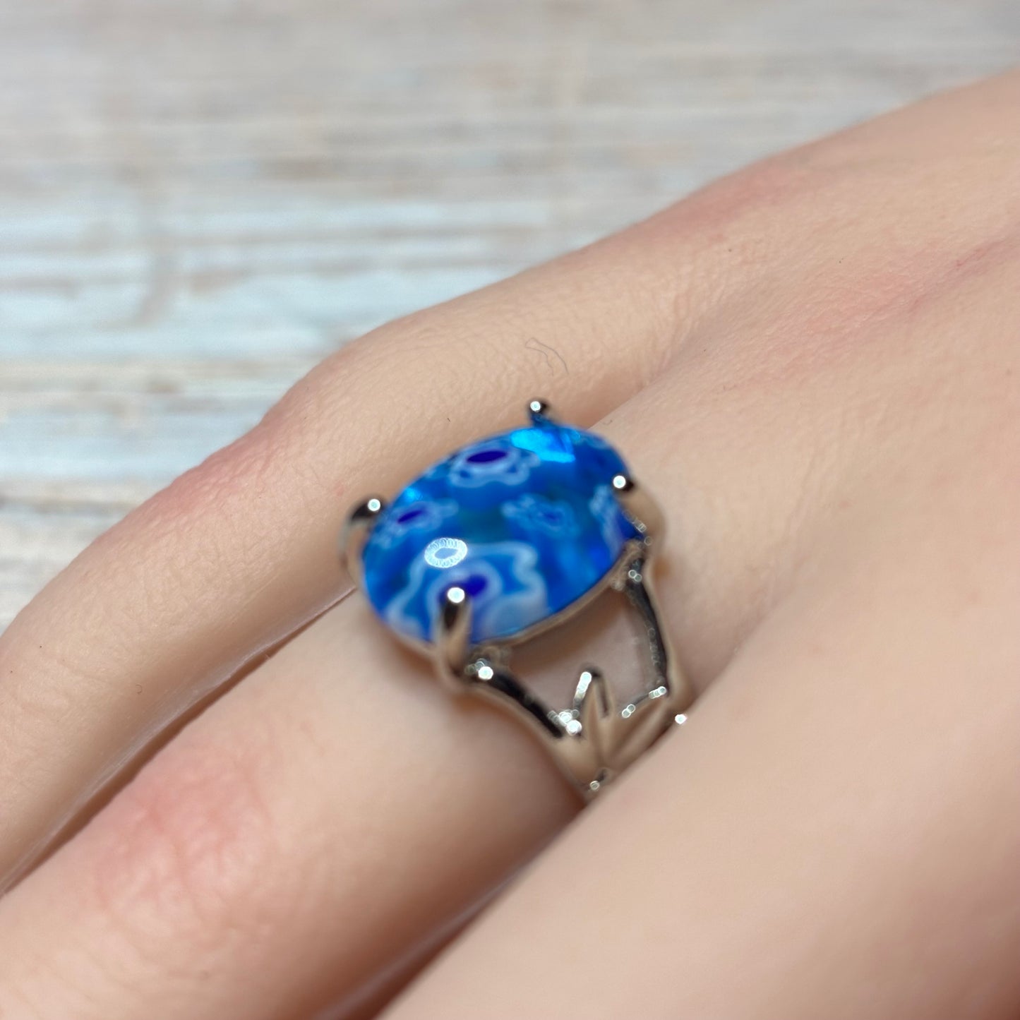 Ring Size 8 Blue Murano Glass Cocktail Ring