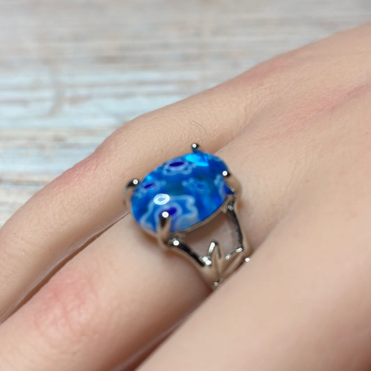 Ring Size 8 Blue Murano Glass Cocktail Ring