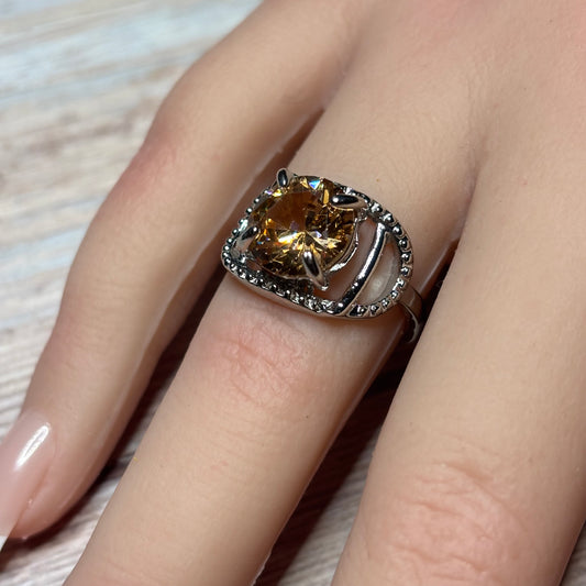 Ring Size 7.5 - Round Citrine Surrounded By Simulated Diamonds