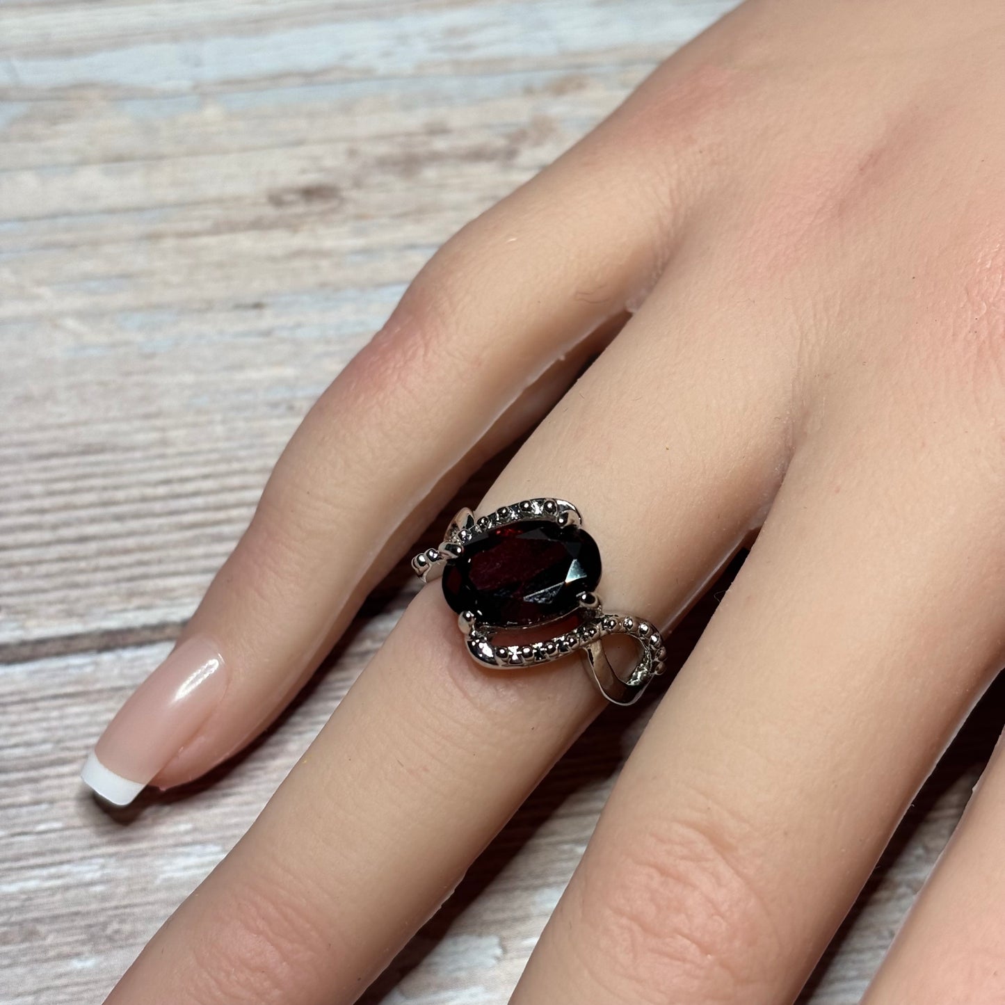 Ring Size 6.5 - Simulated Garnet Ring With Clear Crystal Accents
