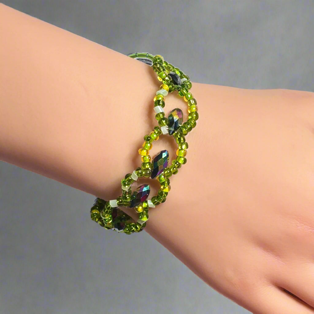 Handmade -  8" - Shades of Green - Beaded Bracelet