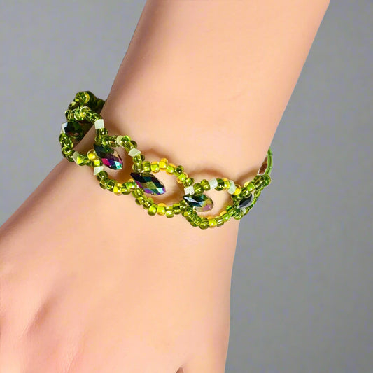 Handmade -  8" - Shades of Green - Beaded Bracelet