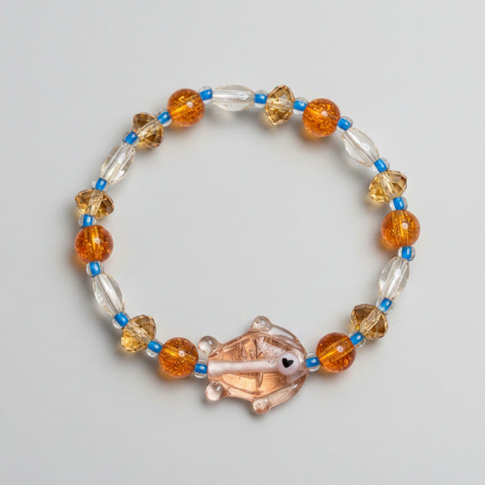 Bracelet - Stretch - Lampwork Glass Fish Focal Bead - with Bright Blue, Orange, & Crystal Beads