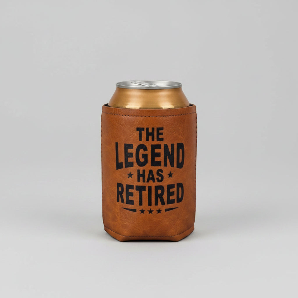 Brown - Faux Leather - Can Cooler - Koozie - The Legend Has Retired