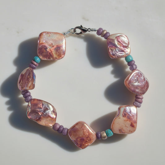 Bracelet - - Iridescent - Abalone Shell - with Earthy Wooden-colored Beads - 8.5"