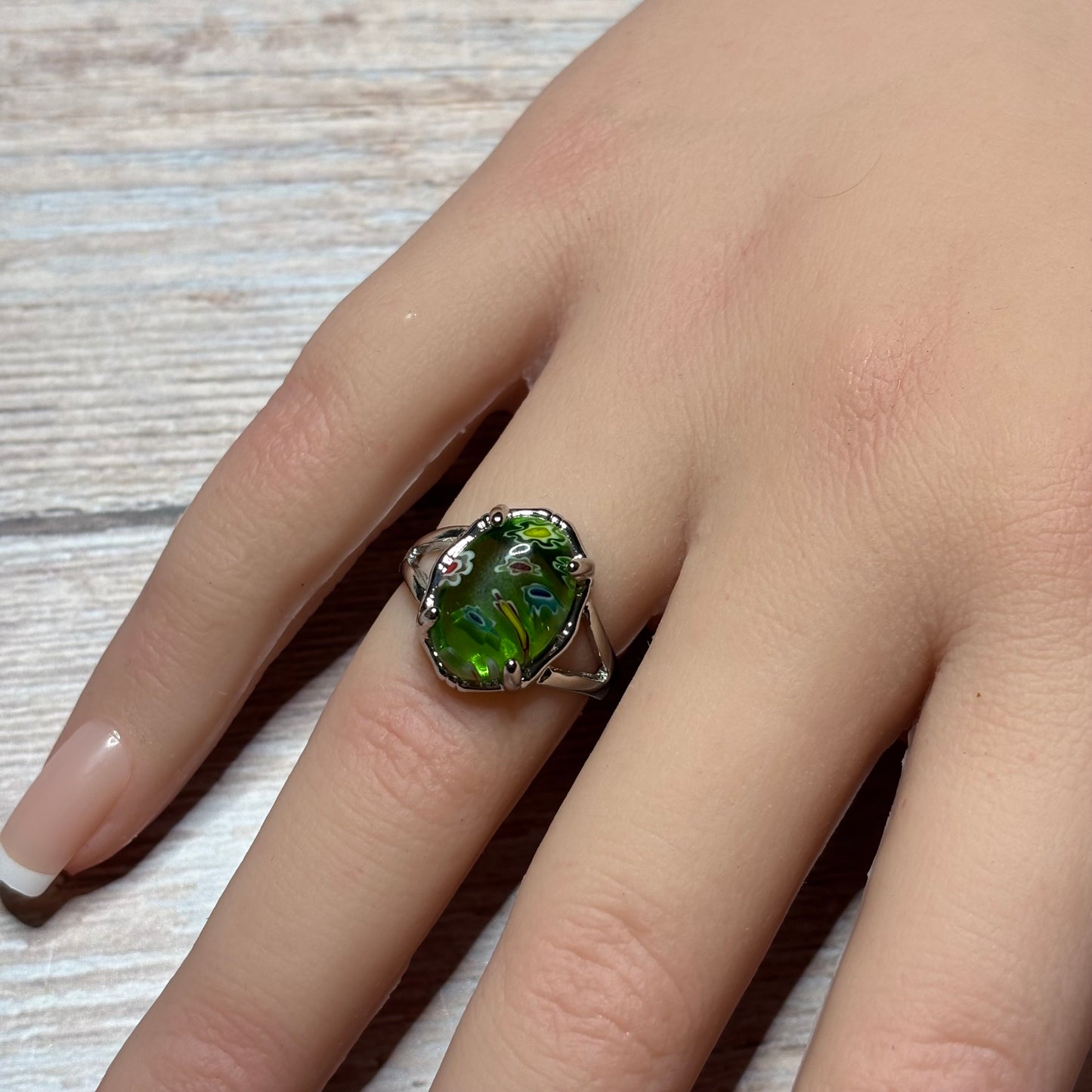 Ring Size 7.5 - Green Floral Murano