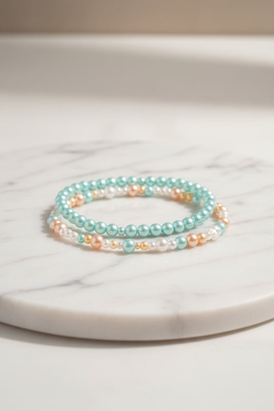 Bracelets - Set of Two - Stretch - Faux Pearls in White, Peach, & Light Blue