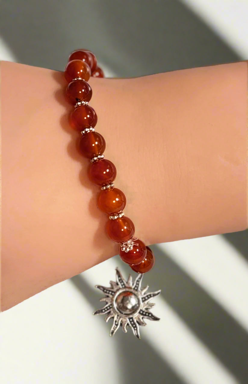 Handmade - Carnelian Beaded Sun Charm Stretch Bracelet