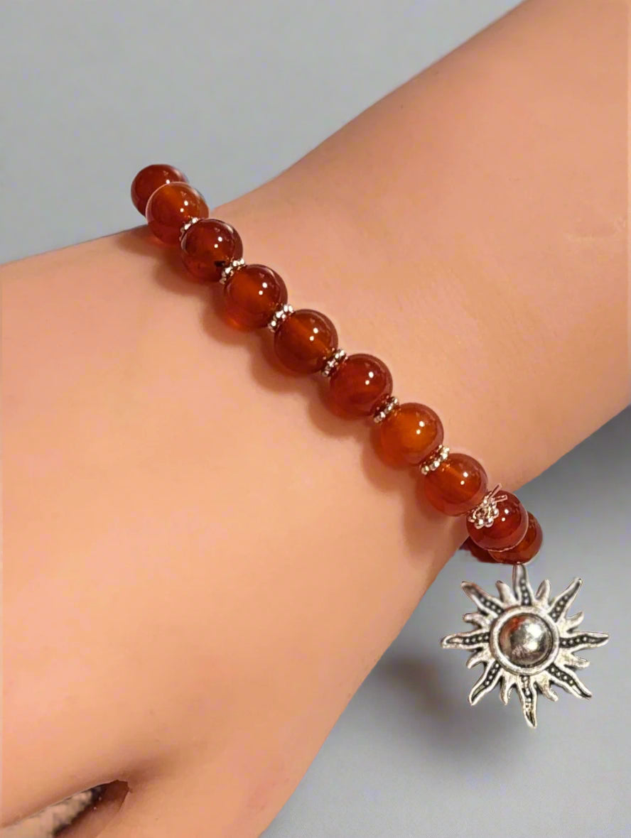 Handmade - Carnelian Beaded Sun Charm Stretch Bracelet