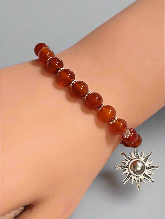 Handmade - Carnelian Beaded Sun Charm Stretch Bracelet