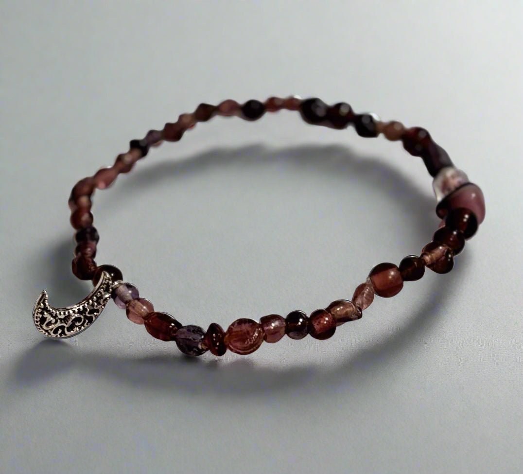 Handmade - Deep Purple Beaded Bracelet with Crescent Moon Charm