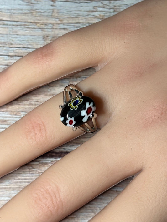 Ring Size 8 Black Floral Murano