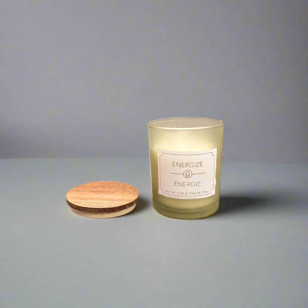Energize Candle -  in Frosted Green Glass Jar with Wooden Lid