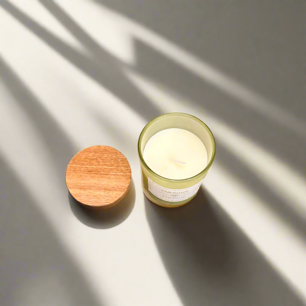 Energize Candle -  in Frosted Green Glass Jar with Wooden Lid