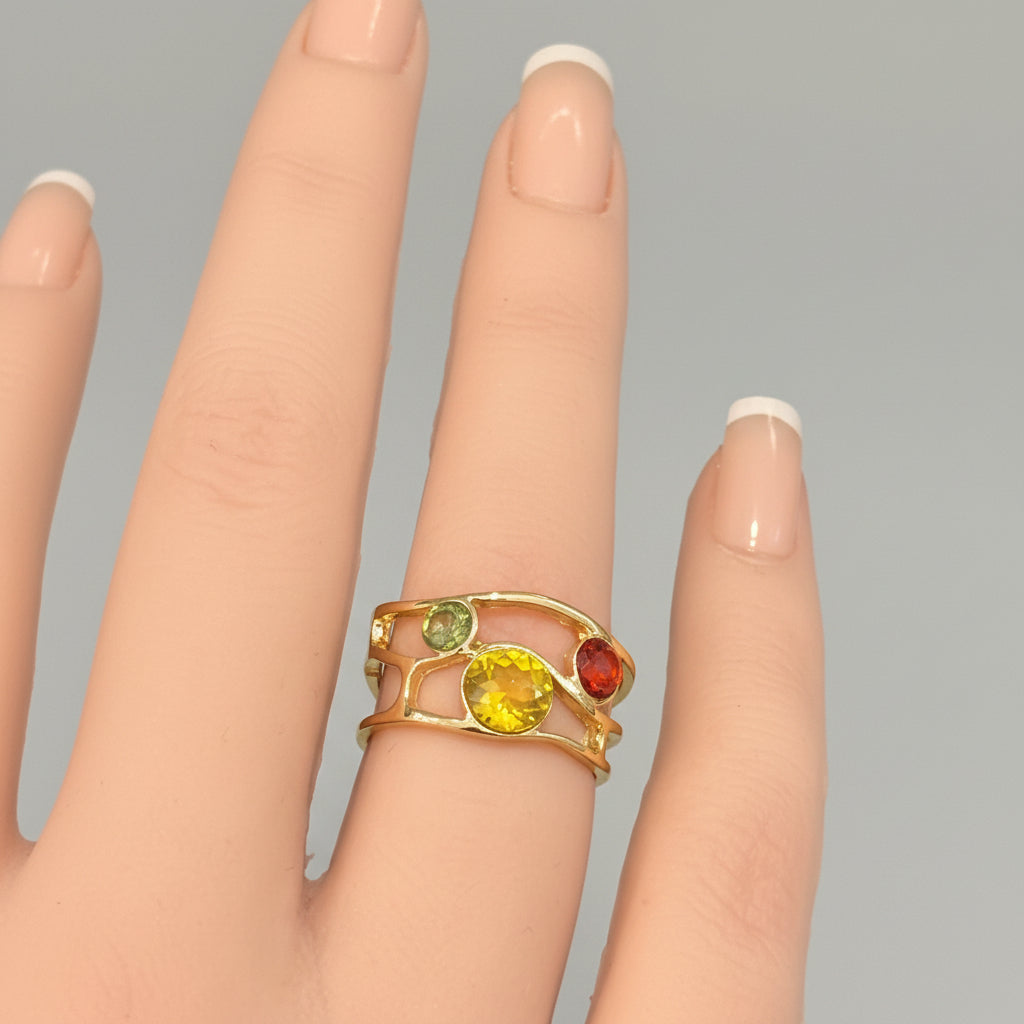Ring - Adjustable - Open Ended Mesh Inlaid with Three Colorful Stones