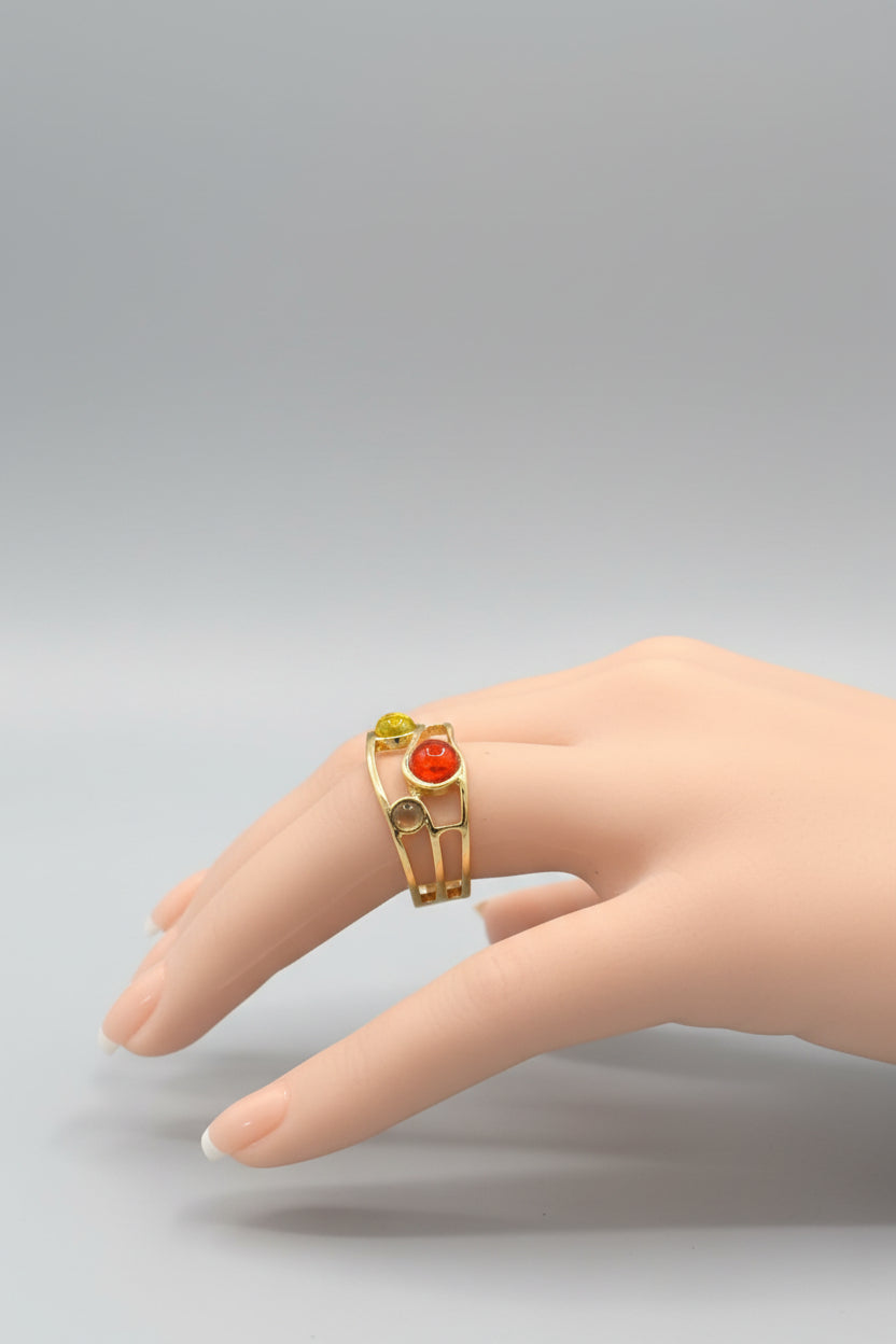 Ring - Adjustable - Open Ended Mesh Inlaid with Three Colorful Stones