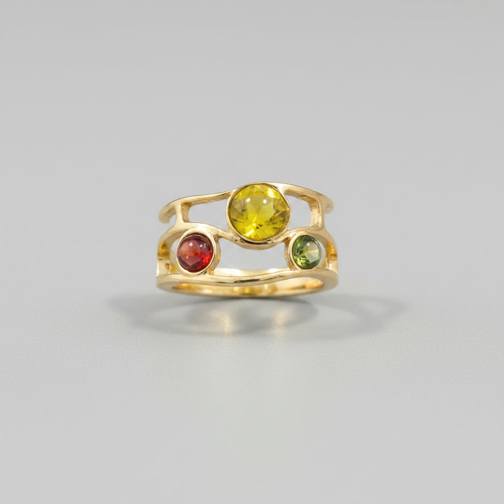 Ring - Adjustable - Open Ended Mesh Inlaid with Three Colorful Stones